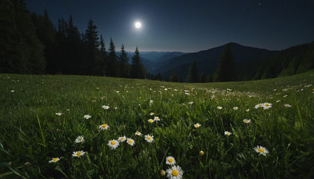 Beautiful meadow with daisies and full moon in the mountainsの素材