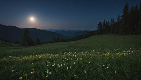 mountain meadow at night with dandelions and camomilesの素材
