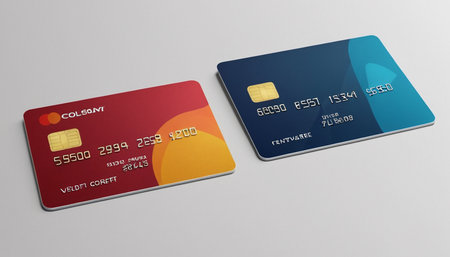 Two credit cards in blue and orange colors on a gray background.の素材