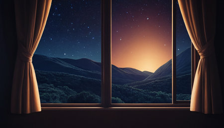 Window with curtains and mountain view in the night. 3d renderingの素材