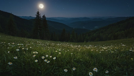 Full moon over meadow in mountains at night. Carpathian, Ukraineの素材