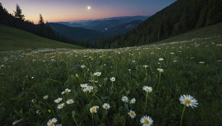 Sunset in the Carpathian mountains with daisies on the foregroundの素材