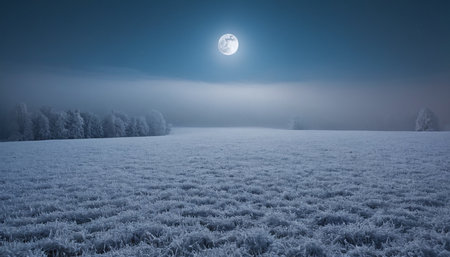 Foggy winter landscape with frosty trees and full moon.の素材
