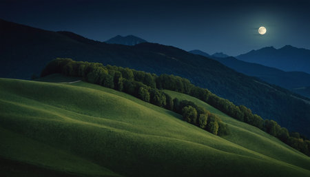 mountain landscape at night in full moon light. Carpathian, Ukraineの素材