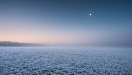 Frosty meadow in the morning with moon at the horizonの素材