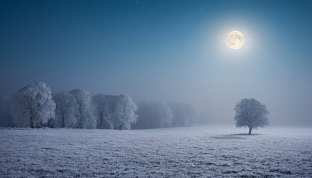 Foggy winter landscape with lonely tree and full moon at nightの素材