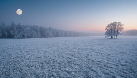 Beautiful winter landscape with foggy meadow and trees at sunriseの素材