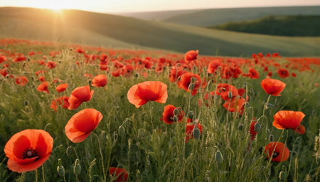 Field of red poppies at sunset. Beautiful summer landscape.の素材