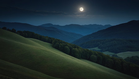 mountain landscape at night in full moon light. Carpathian, Ukraineの素材
