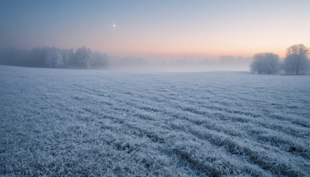 Frosty morning in the meadow. Beautiful winter landscape.の素材