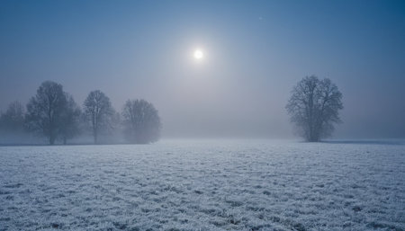 Foggy winter landscape with trees in the field and full moonの素材