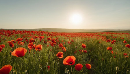 poppies at sunset, panoramic view of poppies fieldの素材