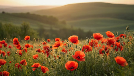 poppies in a field at sunset in Tuscany, Italyの素材