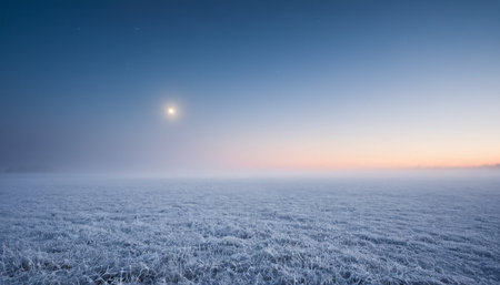 Frosty winter landscape with moon in the sky. Panoramic view.の素材
