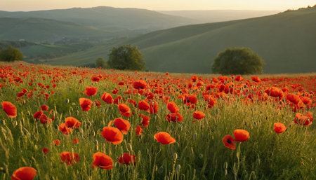 poppy field in Tuscany, Italy, at sunset.の素材
