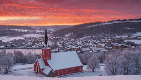 Winter landscape with church and village at sunset. Bled, Sloveniaの素材