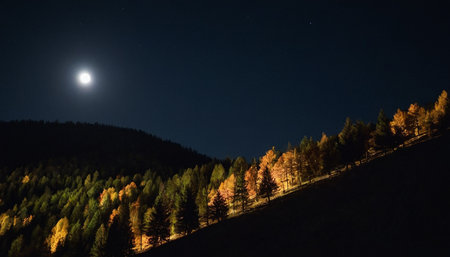 colorful autumnal forest in mountains at night with moon and starsの素材