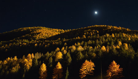 Autumn forest in the mountains and the moon in the night skyの素材