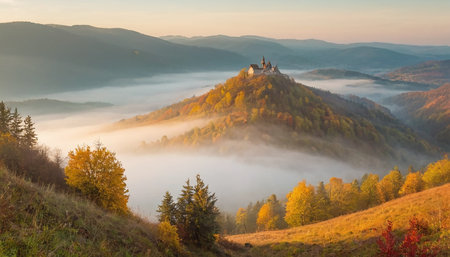 Foggy autumn morning in the Carpathian mountains. Ukraine, Europe.の素材