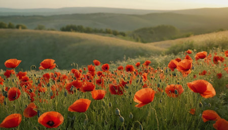 poppies in the field at sunset, beautiful photo digital pictureの素材