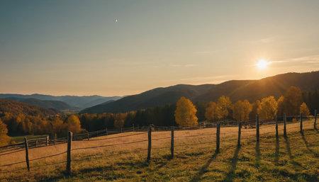 Sunset in the mountains with a fence on the foreground. Beautiful autumn landscape.の素材