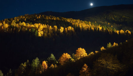 colorful autumn forest in mountains at night with full moon and starsの素材