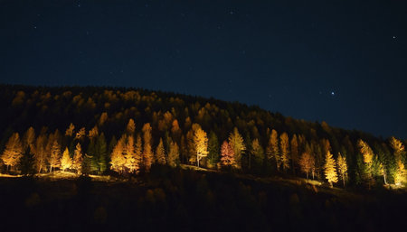 Night view of the autumn forest in the mountains with starry skyの素材