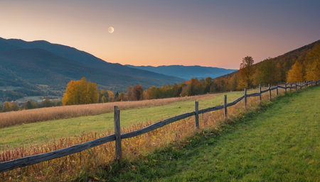Autumn landscape with a fence in the Carpathian mountains.の素材