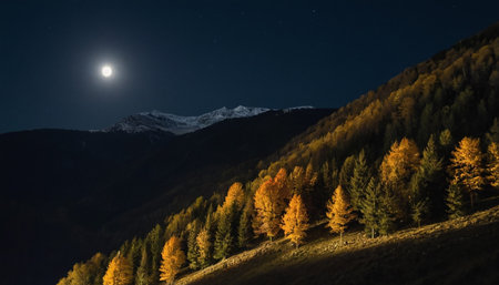 Autumn landscape in the mountains at night with full moon and starsの素材
