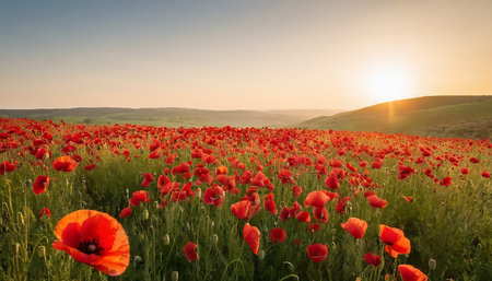 poppy field at sunset. beautiful spring landscape with poppiesの素材