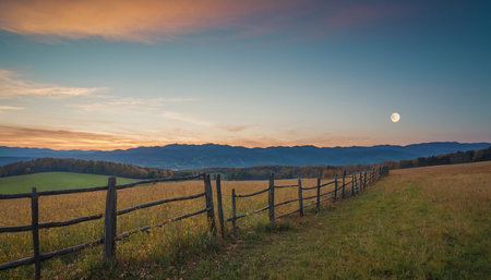 Autumn landscape with wooden fence on meadow in mountains at sunsetの素材