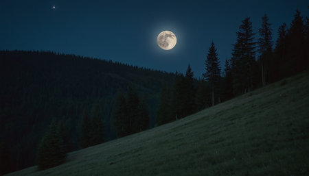 The moon over the mountains in full moon light. Carpathians, Ukraineの素材