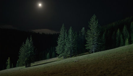 Night mountain landscape with fir trees in the foreground and full moon in the backgroundの素材