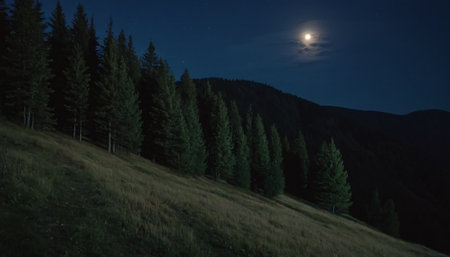 Beautiful mountain landscape at night in the moonlight. Carpathians, Ukraineの素材