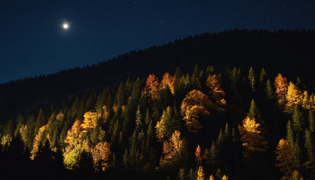 Beautiful autumn landscape in the mountains at night with moon and starsの素材