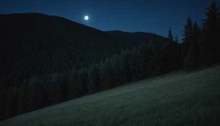 mountain landscape at night with full moon and grassy meadowの素材