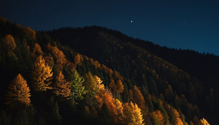 autumn forest in the mountains at night with starry sky and moonの素材