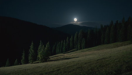 Beautiful mountain landscape in the moonlight. Carpathians, Ukraineの素材