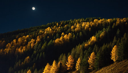 autumn mountain landscape at night with full moon and bright colorful treesの素材