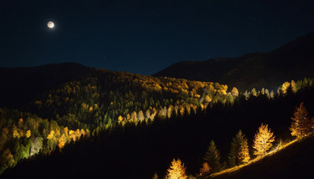 Beautiful autumn landscape in the mountains at night with moon and starsの素材