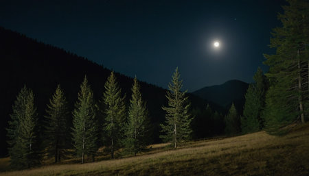 Larch trees in the mountains at night with a full moon.の素材