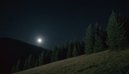 Beautiful night landscape with full moon over the forest. Carpathians, Ukraineの素材