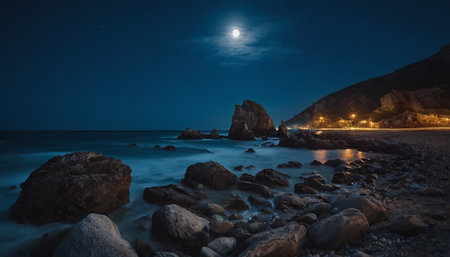 Night view of the rocky coast of the island of Crete, Greeceの素材