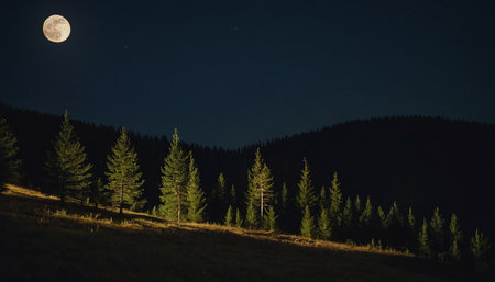 Beautiful mountain landscape at night in full moon light. Carpathian, Ukraineの素材