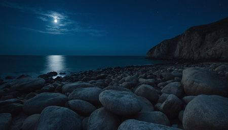 Moon over the sea at night. Stones in the foreground. Long exposureの素材