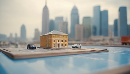 Miniature model of a house on the background of the city.の素材