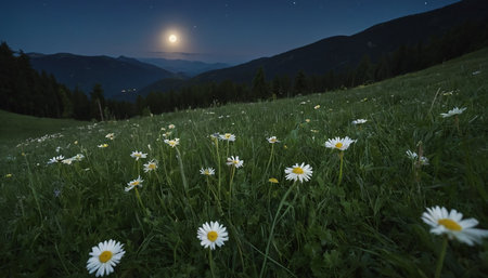 beautiful daisies in the mountains at night in full moon lightの素材