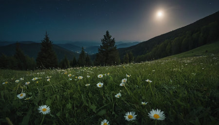 Meadow with daisies and moon in the mountains at nightの素材