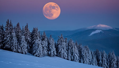 Fantastic winter landscape with snowy fir trees and full moon. Carpathian, Ukraine, Europe. Beauty world.の素材