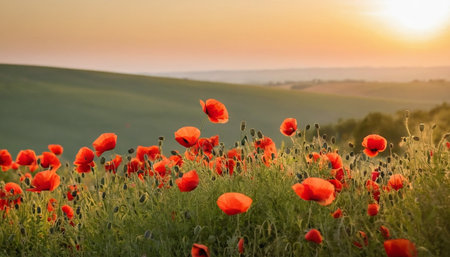 Field of poppies at sunset in Tuscany, Italyの素材